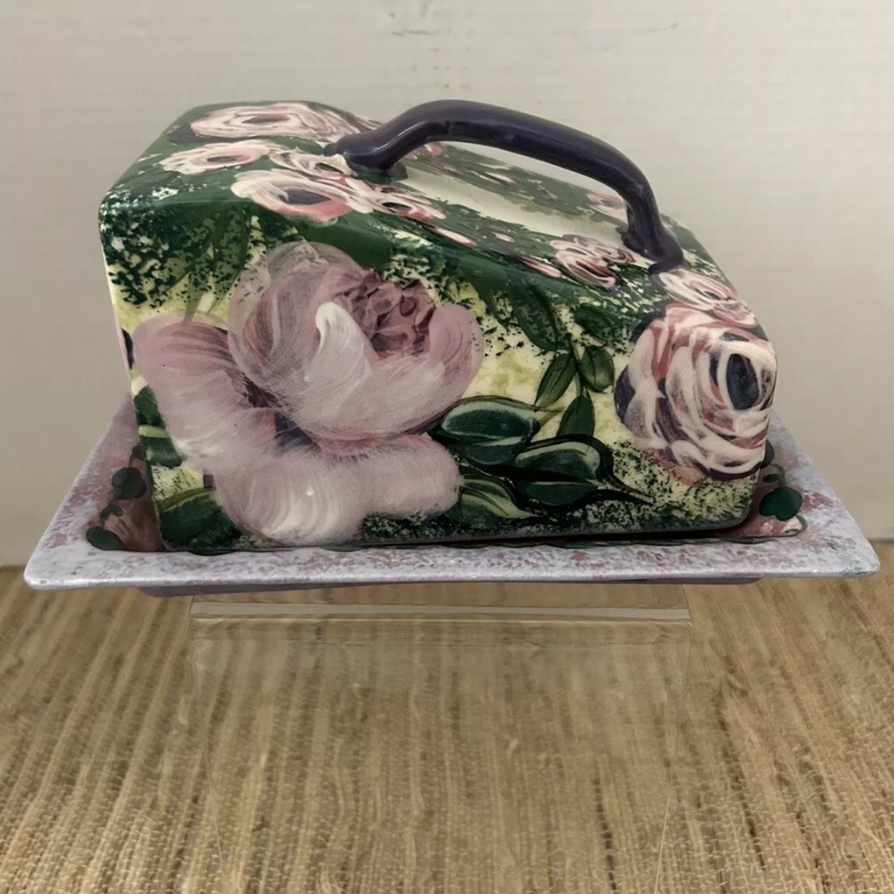 LESAL CERAMICS Signed Hand Painted, Hand Made . Covered Cheese Dish.